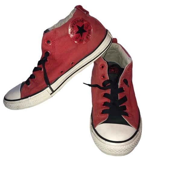 Red and black high top converse